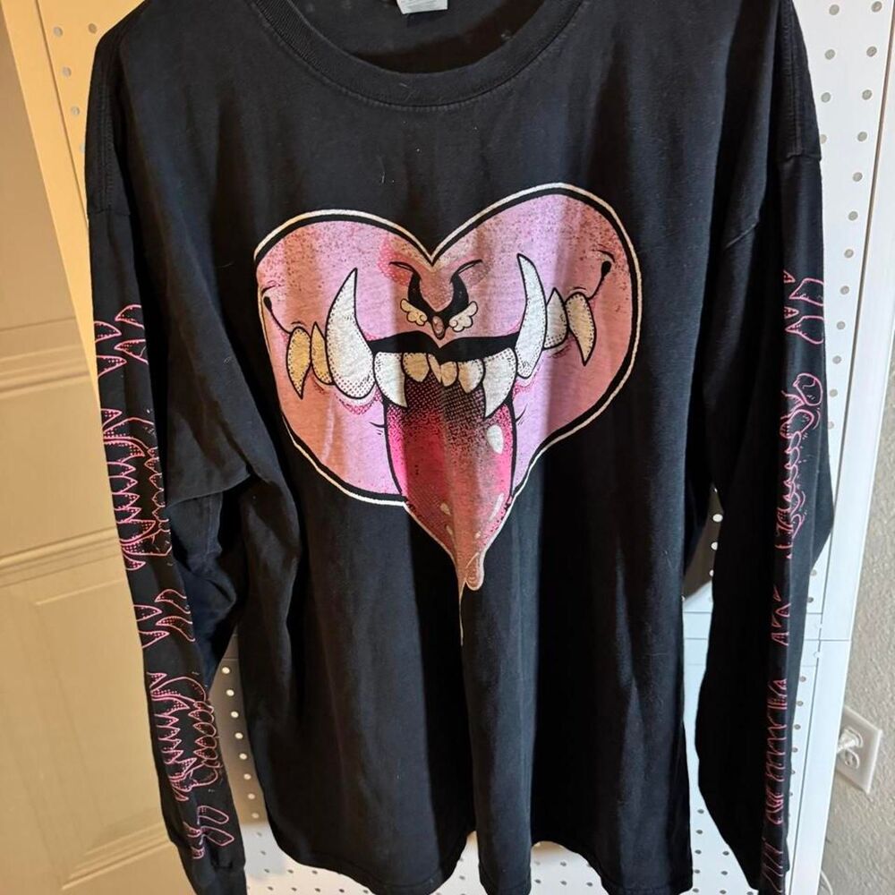 Y2K Monster Fang Mouth Long Sleeve Graphic Tee Black Pink XL